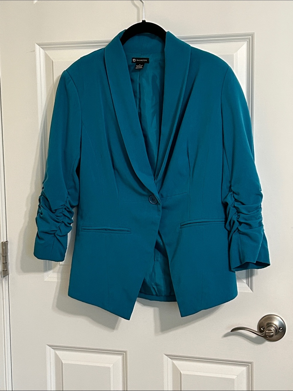 Teal Ruched-Sleeve Shawl Collar Blazer